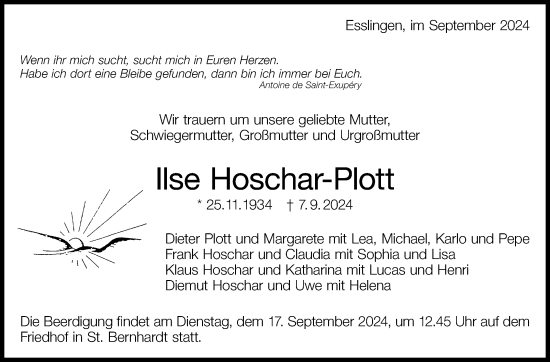 Traueranzeige von Ilse Hoschar-Plott von Eßlinger Zeitung/Cannstatter Zeitung