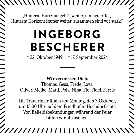 Traueranzeige von Ingeborg Bescherer von Eßlinger Zeitung/Cannstatter Zeitung