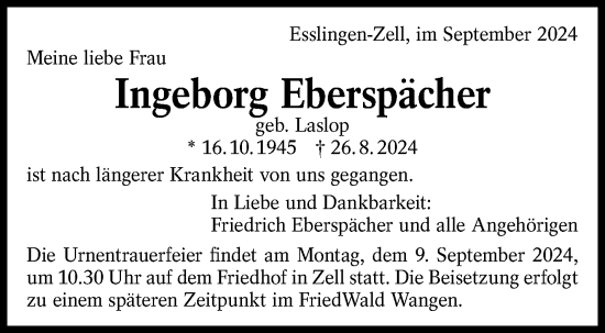Traueranzeige von Ingeborg Eberspächer von Eßlinger Zeitung/Cannstatter Zeitung