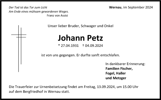 Traueranzeige von Johann Petz von Eßlinger Zeitung/Cannstatter Zeitung