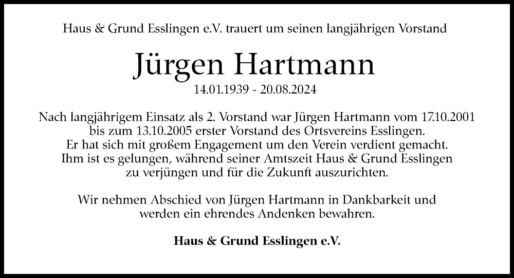  Traueranzeige für Jürgen Hartmann vom 14.09.2024 aus Eßlinger Zeitung/Cannstatter Zeitung