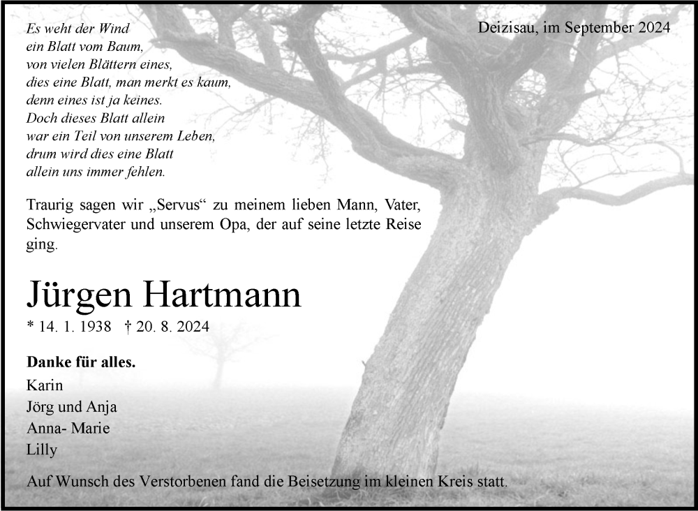  Traueranzeige für Jürgen Hartmann vom 13.09.2024 aus Eßlinger Zeitung/Cannstatter Zeitung