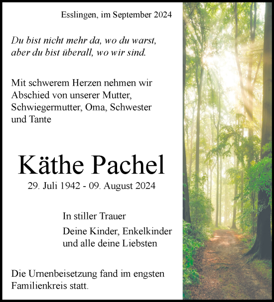 Traueranzeige von Käthe Pachel von Eßlinger Zeitung/Cannstatter Zeitung