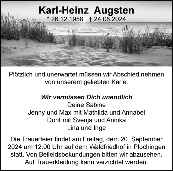 Traueranzeige von Karl-Heinz Augsten von Eßlinger Zeitung/Cannstatter Zeitung