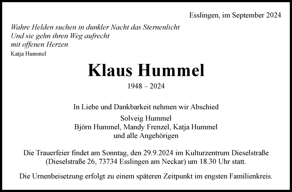  Traueranzeige für Klaus Hummel vom 19.09.2024 aus Eßlinger Zeitung/Cannstatter Zeitung