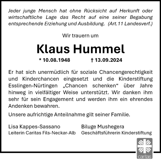 Traueranzeige von Klaus Hummel von Eßlinger Zeitung/Cannstatter Zeitung