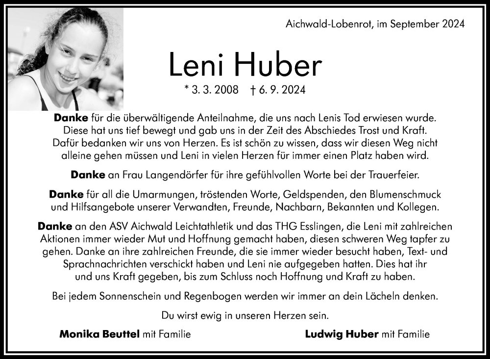  Traueranzeige für Leni Huber vom 25.09.2024 aus Eßlinger Zeitung/Cannstatter Zeitung