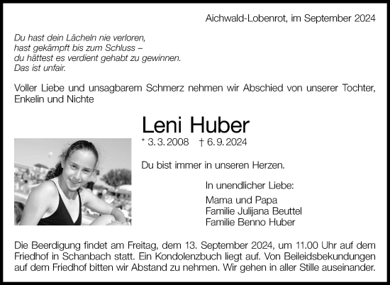 Traueranzeige von Leni Huber von Eßlinger Zeitung/Cannstatter Zeitung