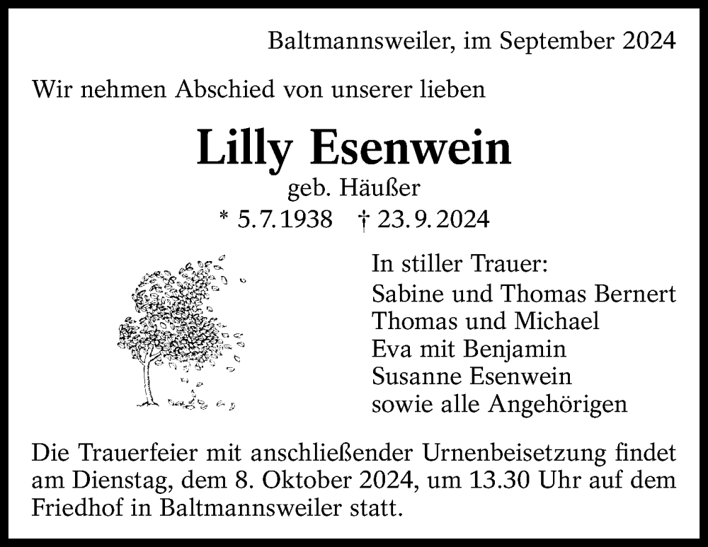  Traueranzeige für Lilly Esenwein vom 28.09.2024 aus Eßlinger Zeitung/Cannstatter Zeitung
