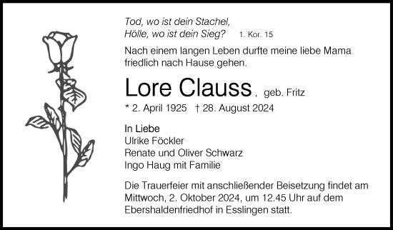 Traueranzeige von Lore Clauss von Eßlinger Zeitung/Cannstatter Zeitung