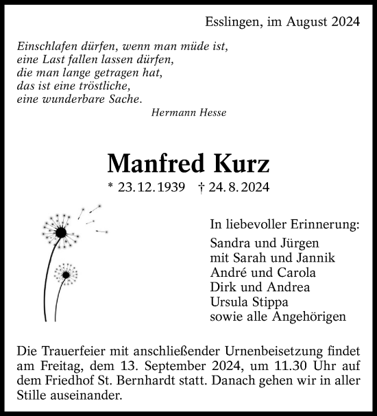Traueranzeige von Manfred Kurz von Eßlinger Zeitung/Cannstatter Zeitung