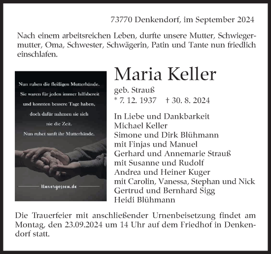 Traueranzeige von Maria Keller von Eßlinger Zeitung/Cannstatter Zeitung