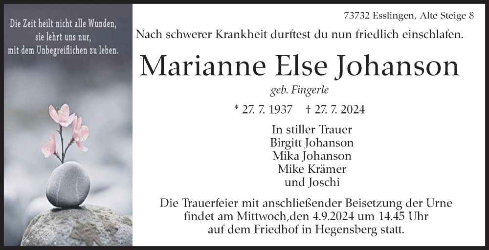  Traueranzeige für Marianne Else Johanson vom 31.08.2024 aus Eßlinger Zeitung/Cannstatter Zeitung