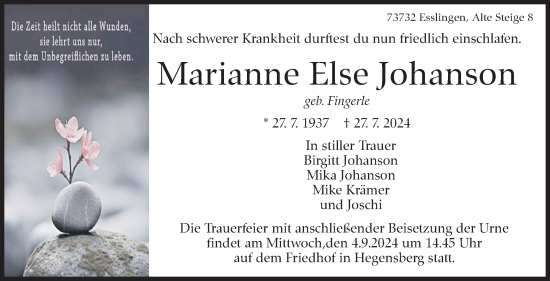 Traueranzeige von Marianne Else Johanson von Eßlinger Zeitung/Cannstatter Zeitung