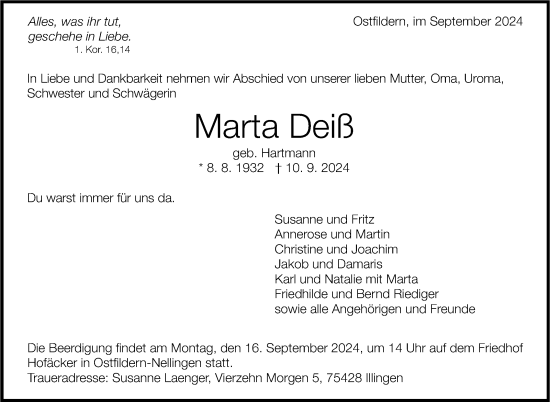 Traueranzeige von Marta Deiß von Eßlinger Zeitung/Cannstatter Zeitung