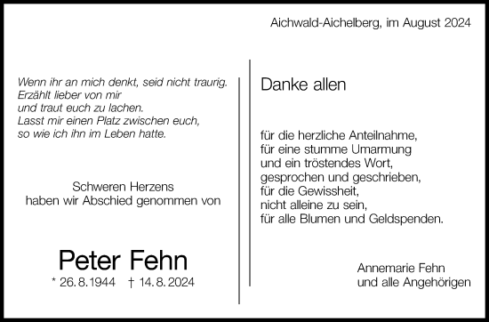 Traueranzeige von Peter Fehn von Eßlinger Zeitung/Cannstatter Zeitung