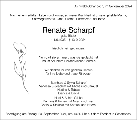 Traueranzeige von Renate Scharpf von Eßlinger Zeitung/Cannstatter Zeitung