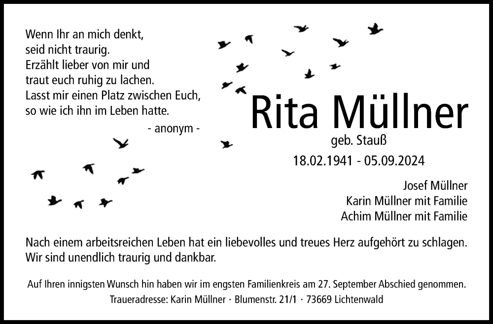  Traueranzeige für Rita Müllner vom 28.09.2024 aus Eßlinger Zeitung/Cannstatter Zeitung