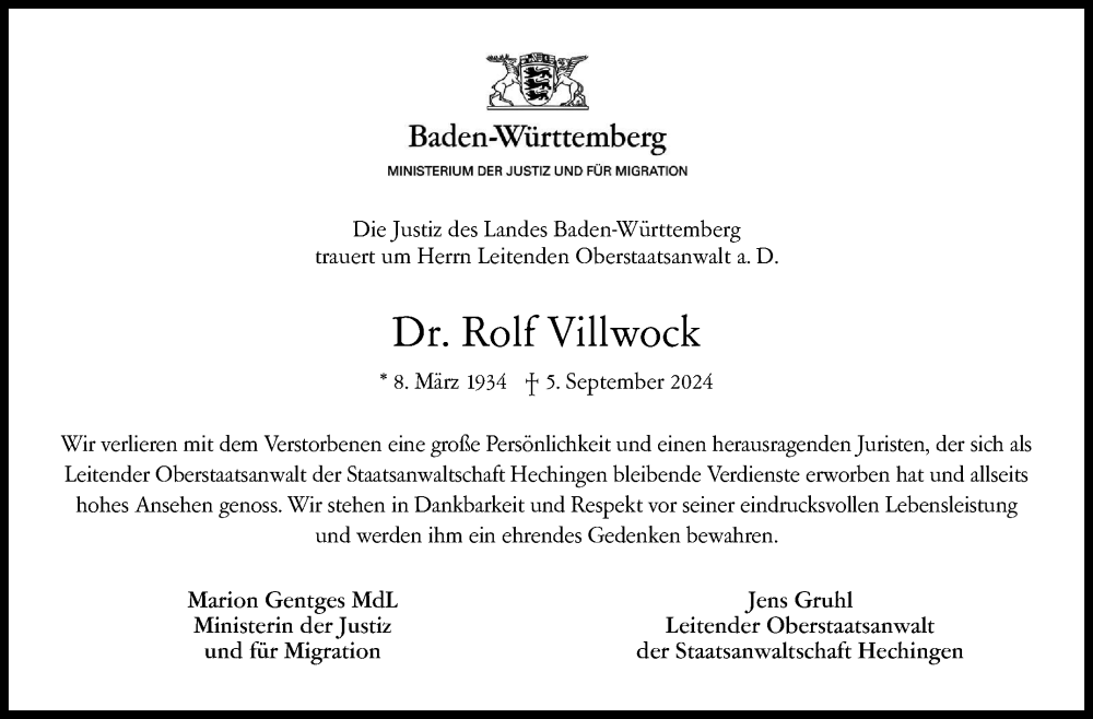  Traueranzeige für Rolf Villwock vom 28.09.2024 aus Eßlinger Zeitung/Cannstatter Zeitung