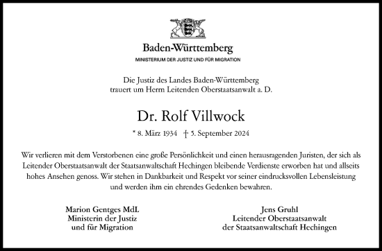 Traueranzeige von Rolf Villwock von Eßlinger Zeitung/Cannstatter Zeitung