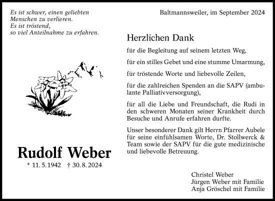Traueranzeige von Rudolf Weber von Eßlinger Zeitung/Cannstatter Zeitung