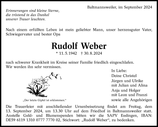 Traueranzeige von Rudolf Weber von Eßlinger Zeitung/Cannstatter Zeitung