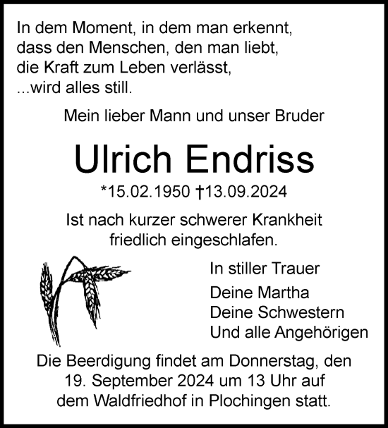 Traueranzeige von Ulrich Endriss von Eßlinger Zeitung/Cannstatter Zeitung