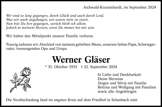 Traueranzeige von Werner Gläser von Eßlinger Zeitung/Cannstatter Zeitung