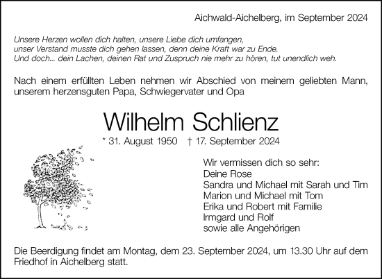 Traueranzeige von Wilhelm Schlienz von Eßlinger Zeitung/Cannstatter Zeitung