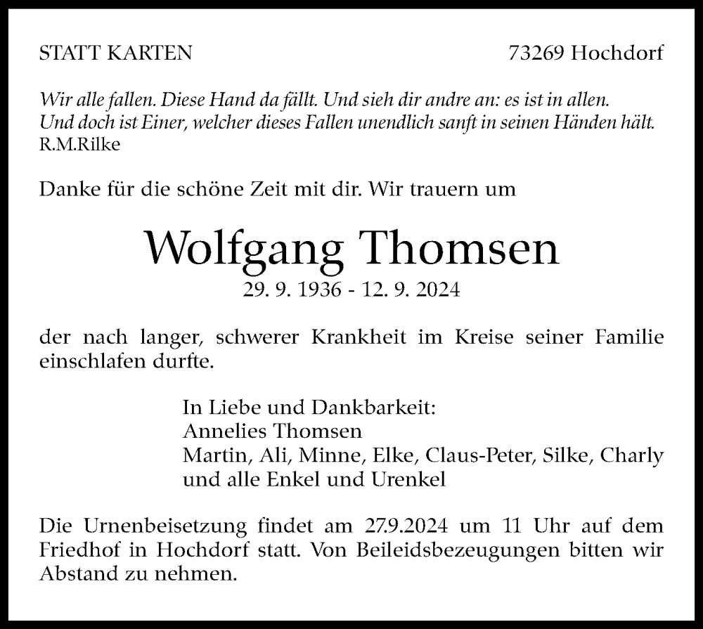  Traueranzeige für Wolfgang Thomsen vom 20.09.2024 aus Eßlinger Zeitung/Cannstatter Zeitung
