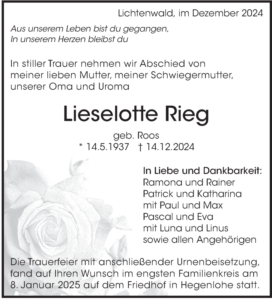 Traueranzeige für Lieselotte Rieg vom 11.01.2025 aus Eßlinger Zeitung/Cannstatter Zeitung