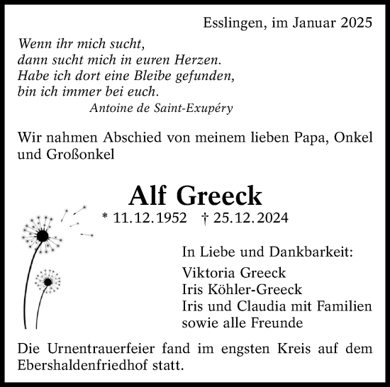 Traueranzeige von Alf Greeck von Eßlinger Zeitung/Cannstatter Zeitung