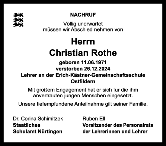 Traueranzeige von Christian Rothe von Eßlinger Zeitung/Cannstatter Zeitung