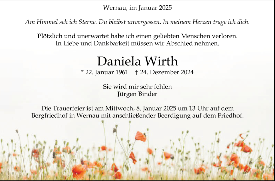 Traueranzeige von Daniela Wirth von Eßlinger Zeitung/Cannstatter Zeitung
