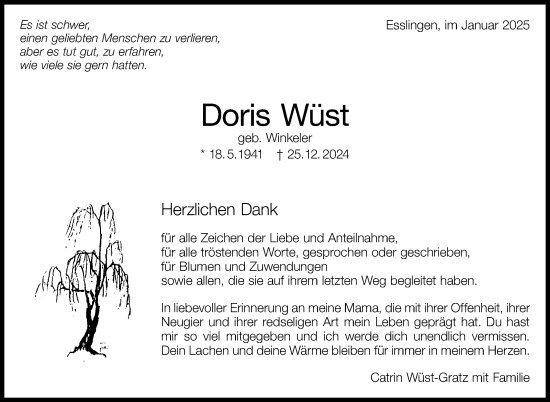 Traueranzeige von Doris Wüst von Eßlinger Zeitung/Cannstatter Zeitung