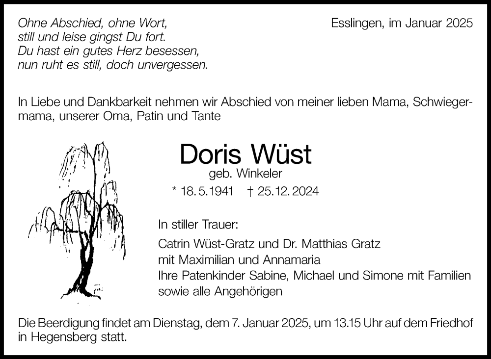  Traueranzeige für Doris Wüst vom 03.01.2025 aus Eßlinger Zeitung/Cannstatter Zeitung