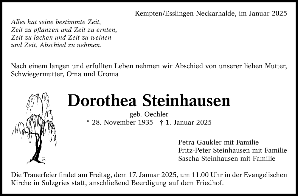  Traueranzeige für Dorothea Steinhausen vom 11.01.2025 aus Eßlinger Zeitung/Cannstatter Zeitung