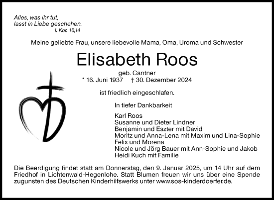 Traueranzeige von Elisabeth Roos von Eßlinger Zeitung/Cannstatter Zeitung