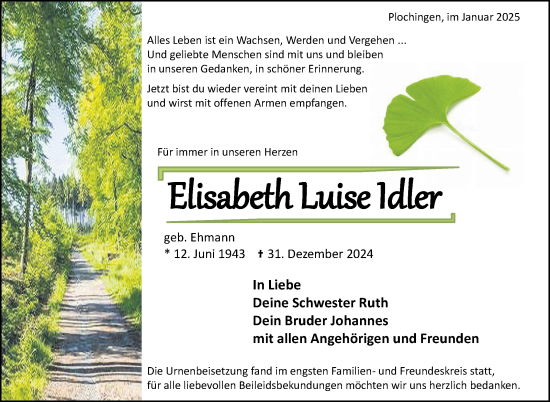 Traueranzeige von Elisabeth Luise Idler von Eßlinger Zeitung/Cannstatter Zeitung