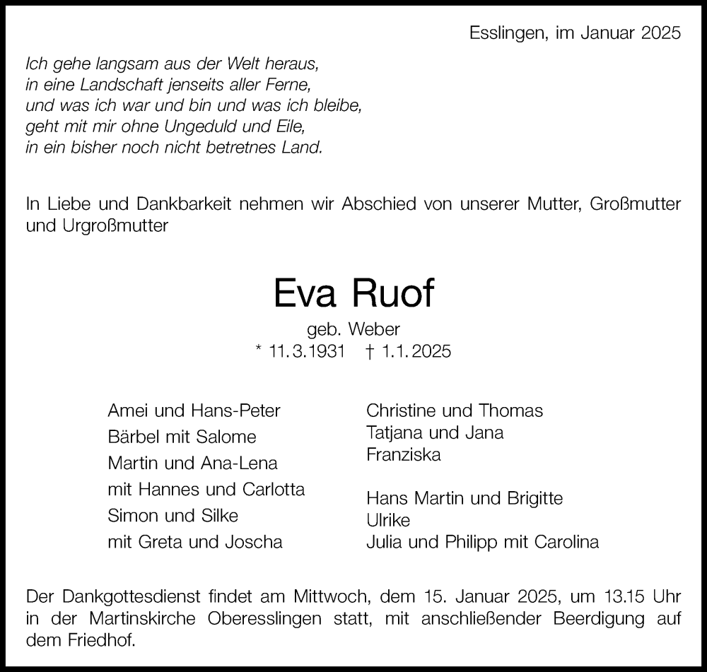  Traueranzeige für Eva Ruof vom 10.01.2025 aus Eßlinger Zeitung/Cannstatter Zeitung