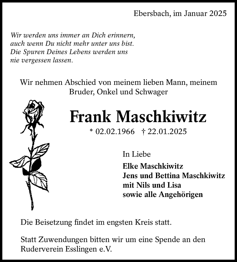  Traueranzeige für Frank Maschkiwitz vom 28.01.2025 aus Eßlinger Zeitung/Cannstatter Zeitung