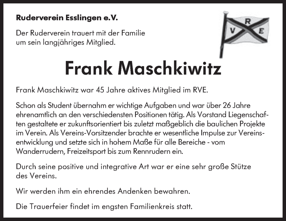  Traueranzeige für Frank Maschkiwitz vom 30.01.2025 aus Eßlinger Zeitung/Cannstatter Zeitung