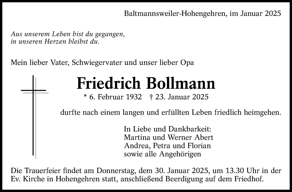  Traueranzeige für Friedrich Bollmann vom 25.01.2025 aus Eßlinger Zeitung/Cannstatter Zeitung