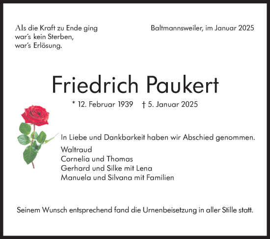 Traueranzeige von Friedrich Paukert von Eßlinger Zeitung/Cannstatter Zeitung