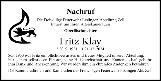 Traueranzeige von Fritz Klay von Eßlinger Zeitung/Cannstatter Zeitung