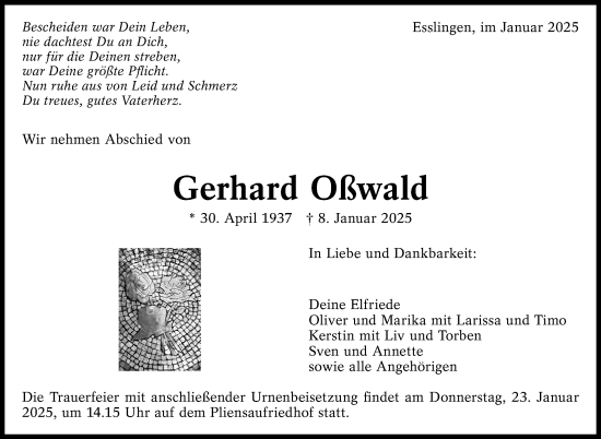 Traueranzeige von Gerhard Oßwald von Eßlinger Zeitung/Cannstatter Zeitung