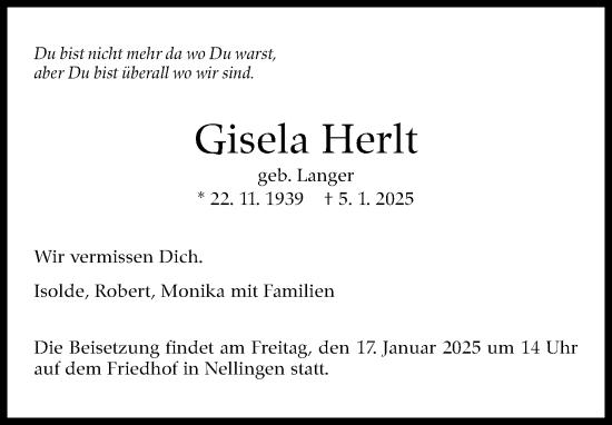 Traueranzeige von Gisela Herlt von Eßlinger Zeitung/Cannstatter Zeitung