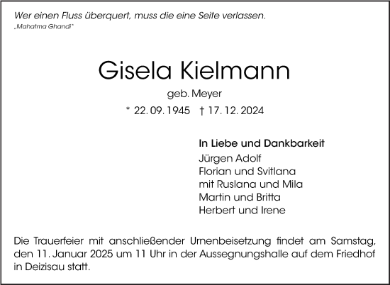 Traueranzeige von Gisela Kielmann von Eßlinger Zeitung/Cannstatter Zeitung