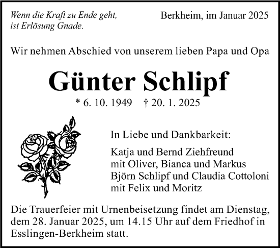 Traueranzeige von Günter Schlipf von Eßlinger Zeitung/Cannstatter Zeitung
