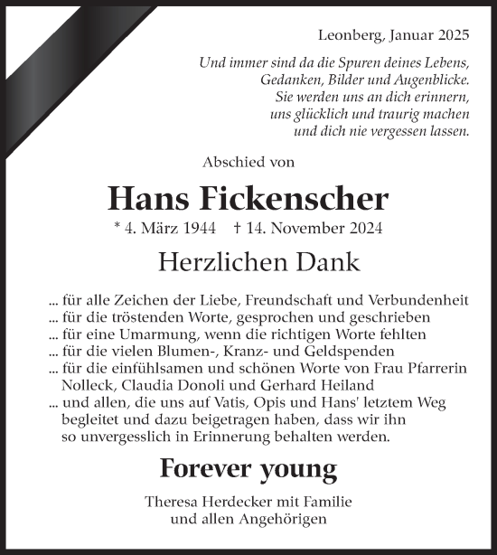 Traueranzeige von Hans Fickenscher von Eßlinger Zeitung/Cannstatter Zeitung